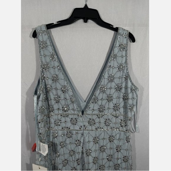 NWT Mac Duggal [ 18 ] Sleeveless Hand Beaded Floral V-Neck Gown Powder‎ Blue - Picture 14 of 16